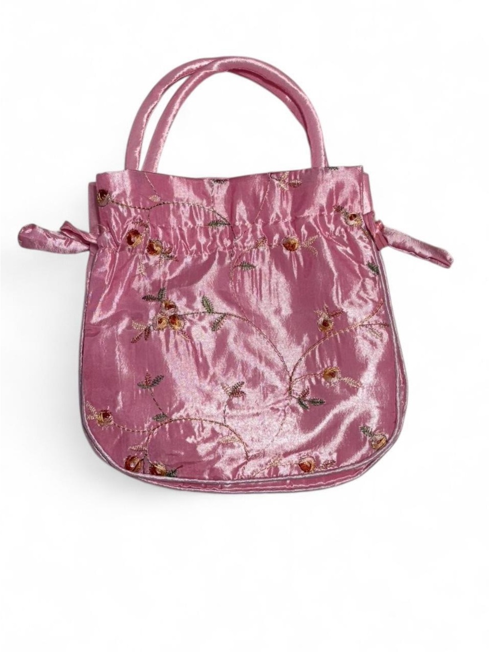Pink Satin Floral Embroidered Tote Bag
